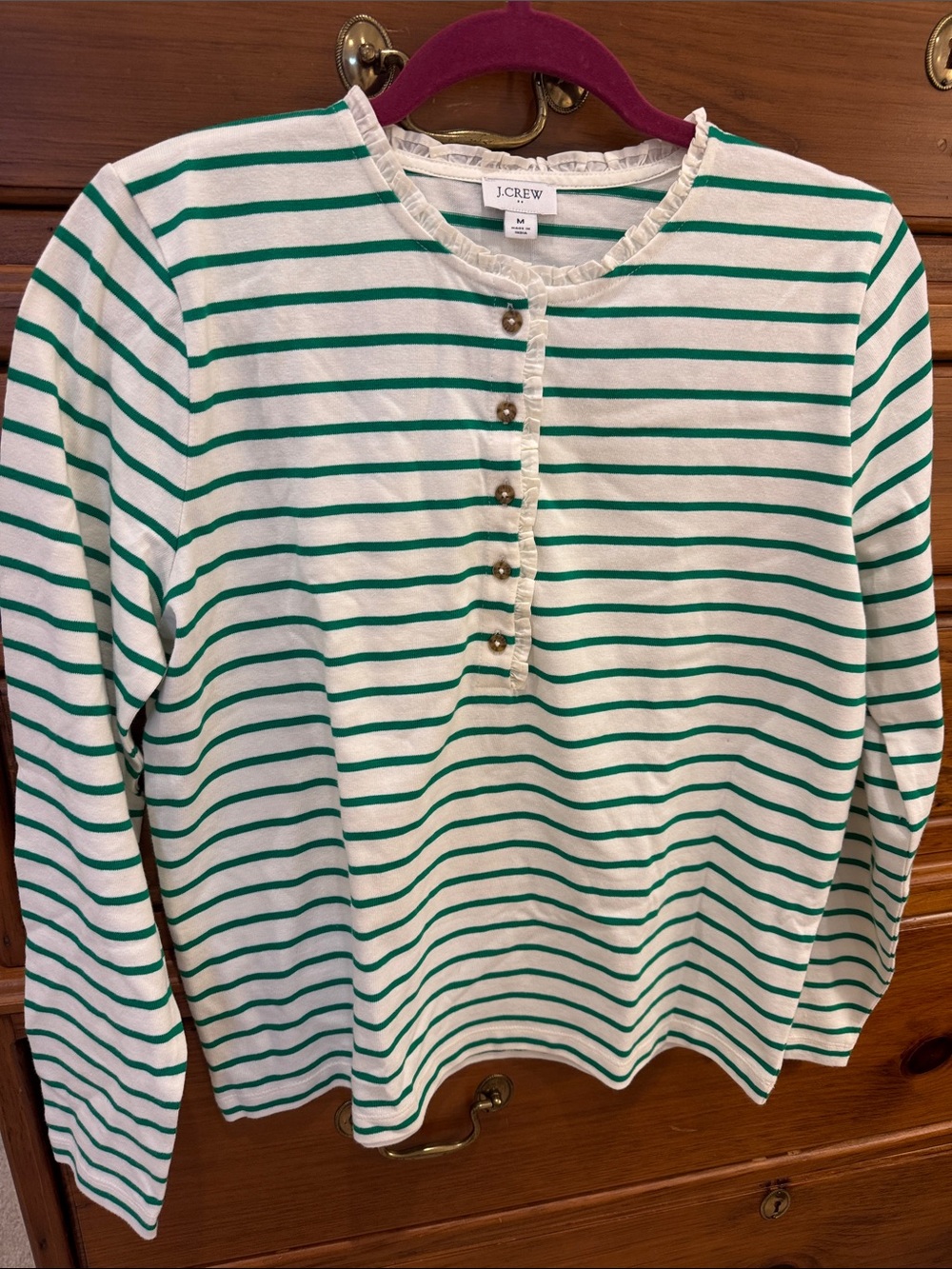 NWT J.Crew Womens Green & White Striped Long-Sleeve Henley